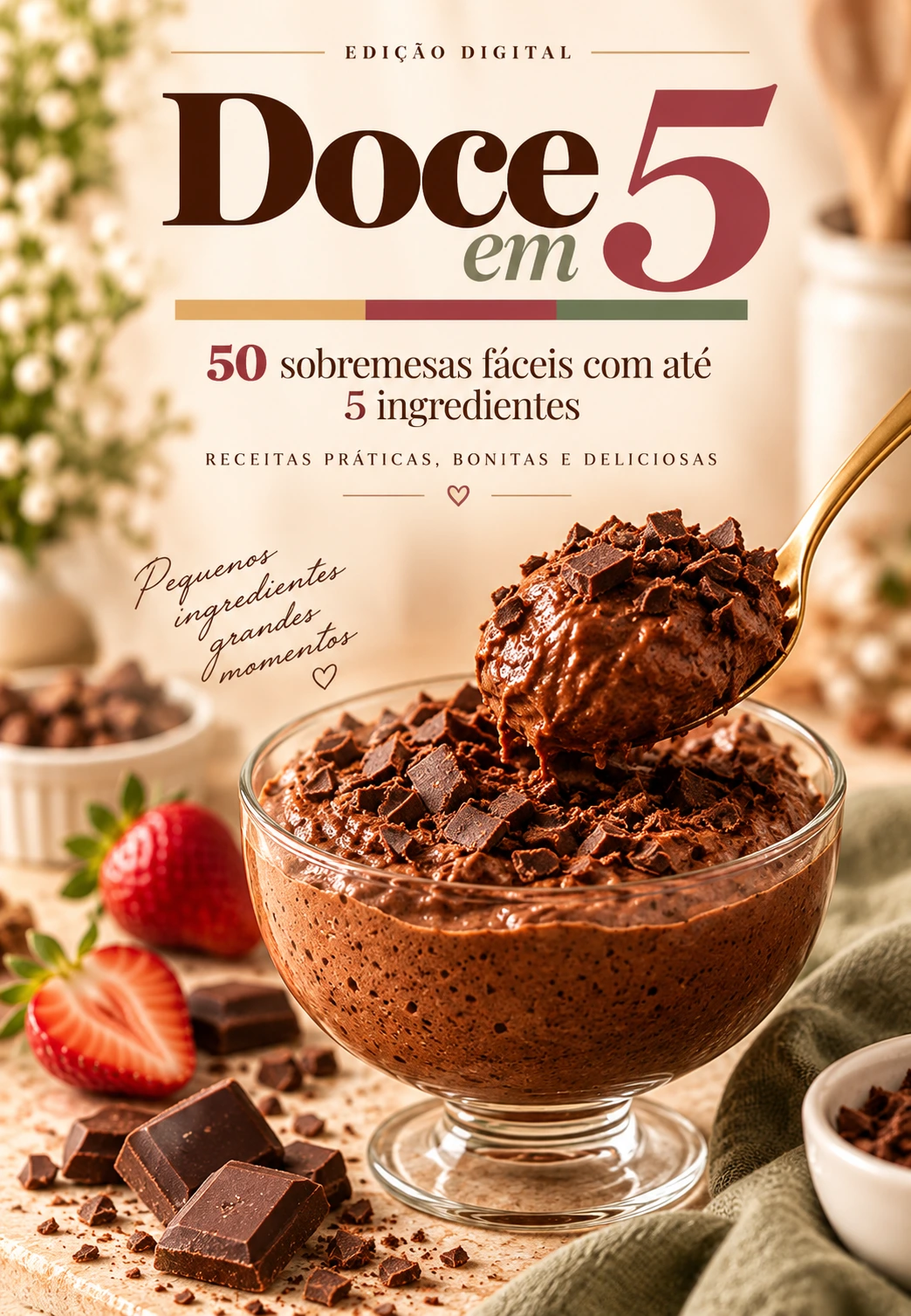 Capa oficial do e-book Doce em 5: 50 sobremesas fáceis com até 5 ingredientes